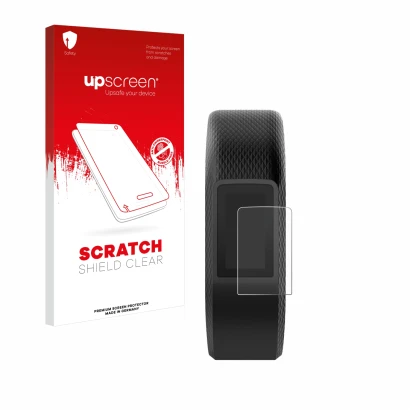 Face avant d’un emballage produit avec le logo de la marque upscreen. À côté, l’appareil Garmin Vivosport est représenté avec