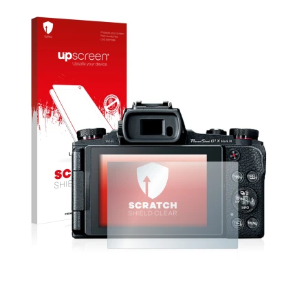 Face avant d’un emballage produit avec le logo de la marque upscreen. À côté, l’appareil Canon PowerShot G1 X Mark III est rep
