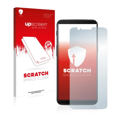Face avant d’un emballage produit avec le logo de la marque upscreen. À côté, l’appareil OnePlus 5T est représenté avec la pro