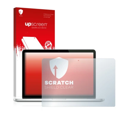 Face avant d’un emballage produit avec le logo de la marque upscreen. À côté, l’appareil Apple MacBook Pro Retina 13" (Début 2