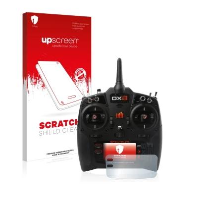 Face avant d’un emballage produit avec le logo de la marque upscreen. À côté, l’appareil Spektrum DX8 G2 est représenté avec l