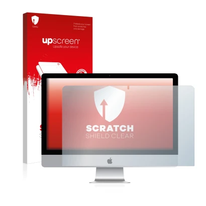 Face avant d’un emballage produit avec le logo de la marque upscreen. À côté, l’appareil Apple iMac 21.5" 2017 est représenté 