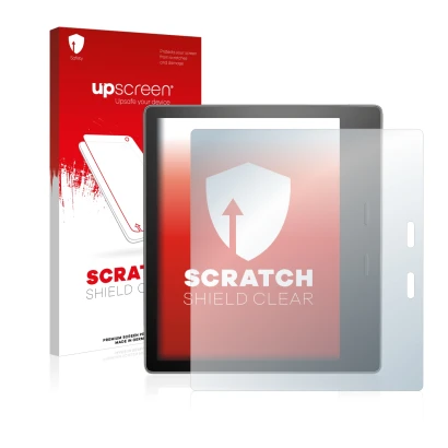 Face avant d’un emballage produit avec le logo de la marque upscreen. À côté, l’appareil Amazon Kindle Oasis 2017 (9ème Gen.) 