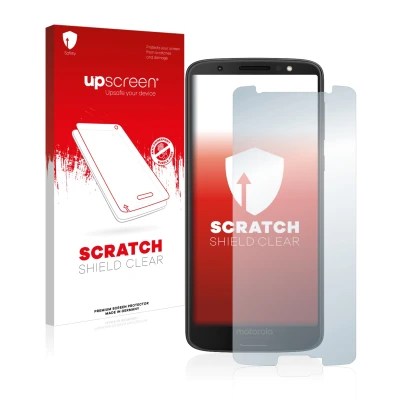 Face avant d’un emballage produit avec le logo de la marque upscreen. À côté, l’appareil Motorola Moto G6 est représenté avec