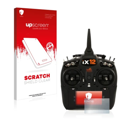 Face avant d’un emballage produit avec le logo de la marque upscreen. À côté, l’appareil Spektrum IX12 est représenté avec la