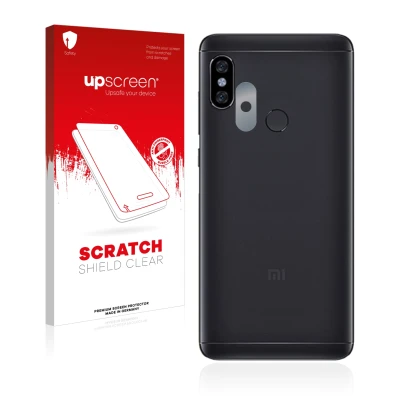Face avant d’un emballage produit avec le logo de la marque upscreen. À côté, l’appareil Xiaomi Redmi Note 5 (Caméra UNIQUEMEN