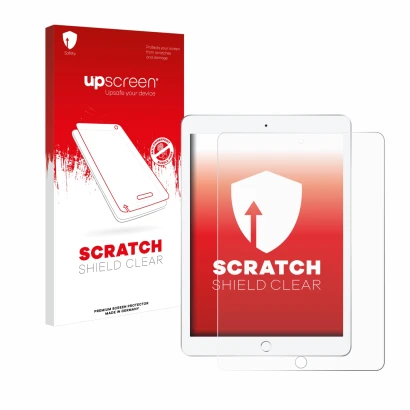 Face avant d’un emballage produit avec le logo de la marque upscreen. À côté, l’appareil Apple iPad 9.7" 2018 (6ème Gen.) est 