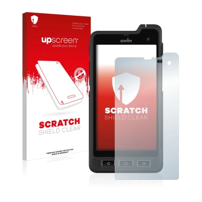 Face avant d’un emballage produit avec le logo de la marque upscreen. À côté, l’appareil Sonim XP8 est représenté avec la prot