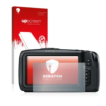 Face avant d’un emballage produit avec le logo de la marque upscreen. À côté, l’appareil Blackmagic Pocket Cinema Camera 4K es