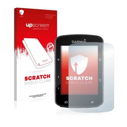 Face avant d’un emballage produit avec le logo de la marque upscreen. À côté, l’appareil Garmin Edge 520 Plus est représenté a