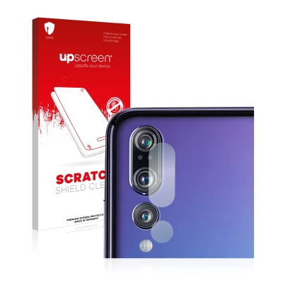 Face avant d’un emballage produit avec le logo de la marque upscreen. À côté, l’appareil Huawei P20 Pro (Caméra UNIQUEMENT) es