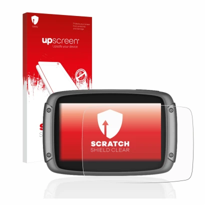 Face avant d’un emballage produit avec le logo de la marque upscreen. À côté, l’appareil TomTom Rider 550 est représenté avec 