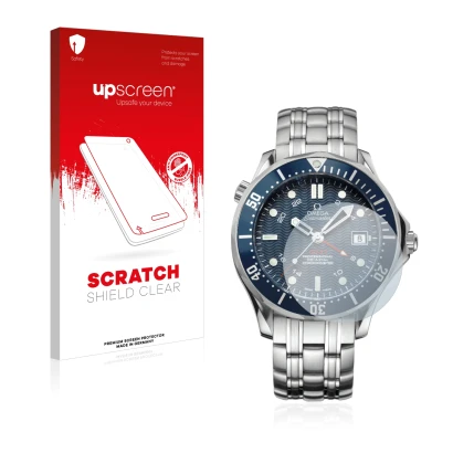 Face avant d’un emballage produit avec le logo de la marque upscreen. À côté, l’appareil Omega Seamaster Diver (41 mm) est rep