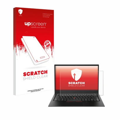 Face avant d’un emballage produit avec le logo de la marque upscreen. À côté, l’appareil Lenovo ThinkPad X1 Carbon (6ème Gen.)