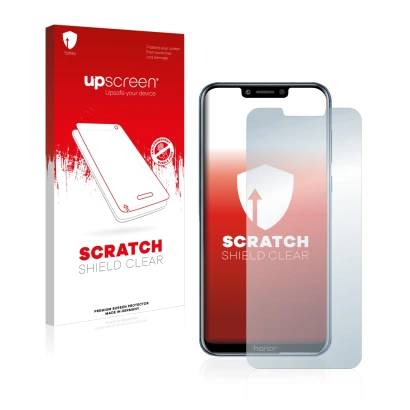 Face avant d’un emballage produit avec le logo de la marque upscreen. À côté, l’appareil Honor Play est représenté avec la pro