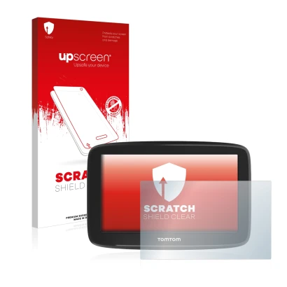 Face avant d’un emballage produit avec le logo de la marque upscreen. À côté, l’appareil TomTom GO Basic (6") est représenté a