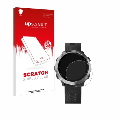 Face avant d’un emballage produit avec le logo de la marque upscreen. À côté, l’appareil Garmin Forerunner 645 Music est repré