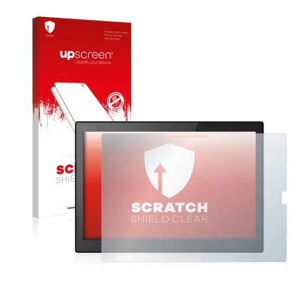 Face avant d’un emballage produit avec le logo de la marque upscreen. À côté, l’appareil Lenovo ThinkPad X1 Tablet (3.Gen) est