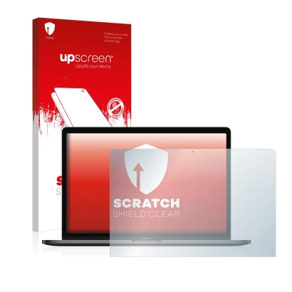 Face avant d’un emballage produit avec le logo de la marque upscreen. À côté, l’appareil Apple MacBook Pro 15" 2018 est représ