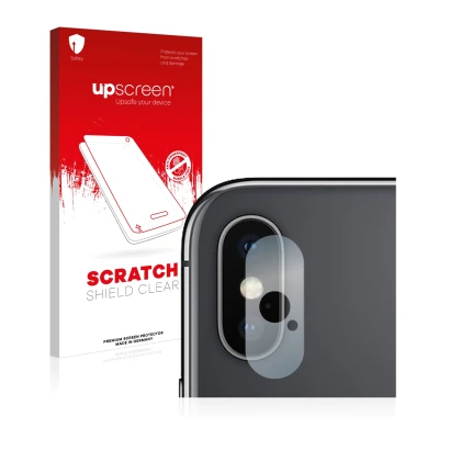 Face avant d’un emballage produit avec le logo de la marque upscreen. À côté, l’appareil Apple iPhone Xs Max (Caméra UNIQUEMEN