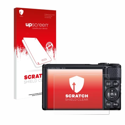 Face avant d’un emballage produit avec le logo de la marque upscreen. À côté, l’appareil Canon PowerShot SX740 HS est représen