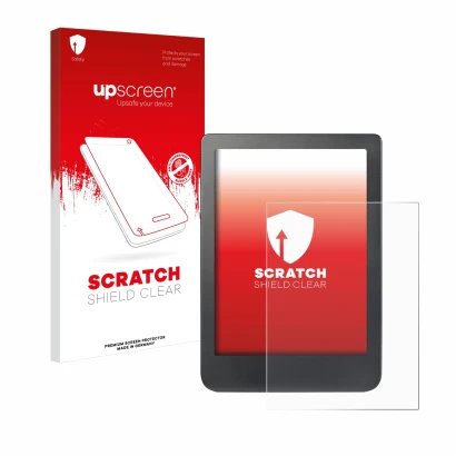 Face avant d’un emballage produit avec le logo de la marque upscreen. À côté, l’appareil Kobo Clara HD (6") est représenté ave