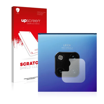 Face avant d’un emballage produit avec le logo de la marque upscreen. À côté, l’appareil Huawei Mate 20 Pro (Caméra UNIQUEMENT