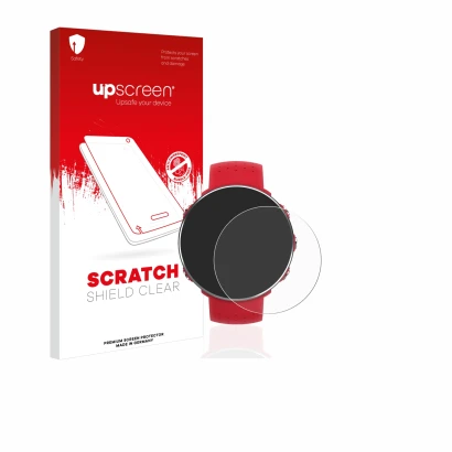 Face avant d’un emballage produit avec le logo de la marque upscreen. À côté, l’appareil Polar Vantage M est représenté avec l