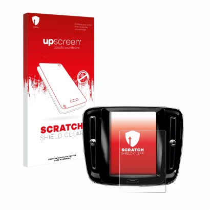 Face avant d’un emballage produit avec le logo de la marque upscreen. À côté, l’appareil Volvo XC40 Sensus Connect 8.7" 2018-2