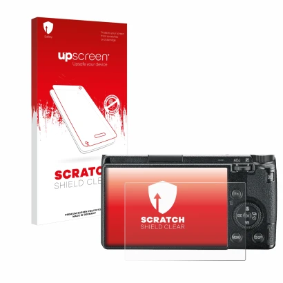 Face avant d’un emballage produit avec le logo de la marque upscreen. À côté, l’appareil Ricoh GR III 2019 R02010 est représen