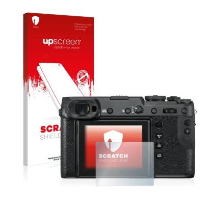 Face avant d’un emballage produit avec le logo de la marque upscreen. À côté, l’appareil Fujifilm GFX 50R est représenté avec 