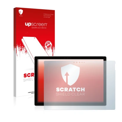 Face avant d’un emballage produit avec le logo de la marque upscreen. À côté, l’appareil Microsoft Surface Pro 6 est représent