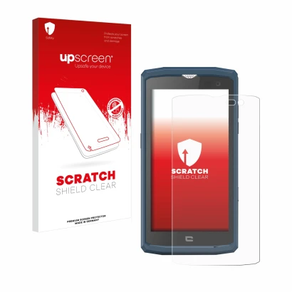 Face avant d’un emballage produit avec le logo de la marque upscreen. À côté, l’appareil Crosscall Core X3 est représenté avec
