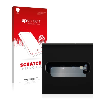 Face avant d’un emballage produit avec le logo de la marque upscreen. À côté, l’appareil Samsung Galaxy S10 (Caméra UNIQUEMENT