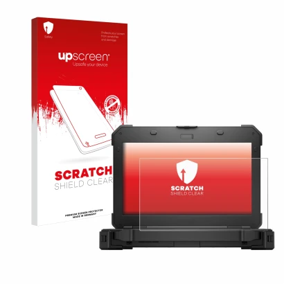 Face avant d’un emballage produit avec le logo de la marque upscreen. À côté, l’appareil Dell Latitude 5420 Rugged est représe