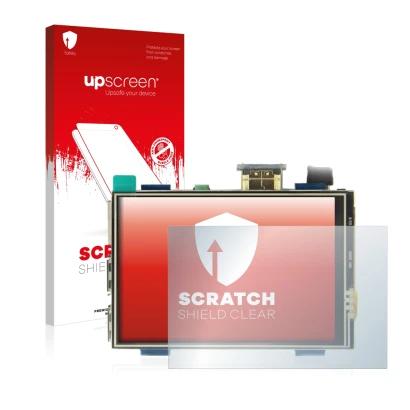 Face avant d’un emballage produit avec le logo de la marque upscreen. À côté, l’appareil Raspberry Pi Touchscreen (3.5") est r