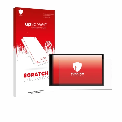 Face avant d’un emballage produit avec le logo de la marque upscreen. À côté, l’appareil Garmin DriveTrack 71 est représenté a