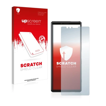 Face avant d’un emballage produit avec le logo de la marque upscreen. À côté, l’appareil Sony Xperia 1 est représenté avec la 