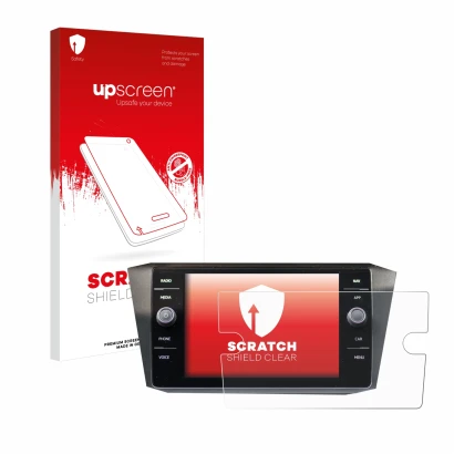 Face avant d’un emballage produit avec le logo de la marque upscreen. À côté, l’appareil Volkswagen Tiguan Discover Media 8" 2