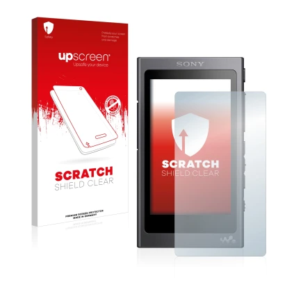 Face avant d’un emballage produit avec le logo de la marque upscreen. À côté, l’appareil Sony Walkman A40 est représenté avec