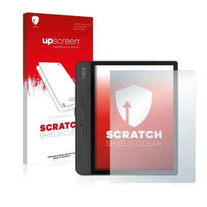 Face avant d’un emballage produit avec le logo de la marque upscreen. À côté, l’appareil Kobo Forma est représenté avec la pro