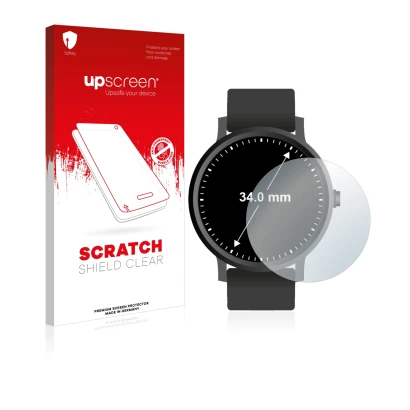 Face avant d’un emballage produit avec le logo de la marque upscreen. À côté, l’appareil Circulaire Displays (ø: 34 mm) est re