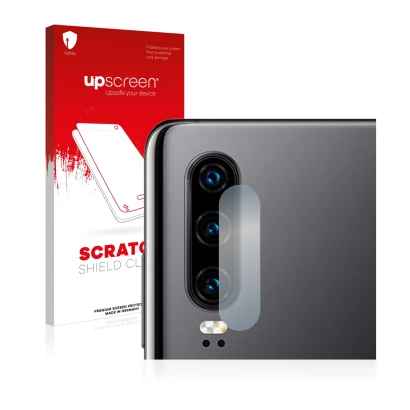 Face avant d’un emballage produit avec le logo de la marque upscreen. À côté, l’appareil Huawei P30 (Caméra UNIQUEMENT) est re