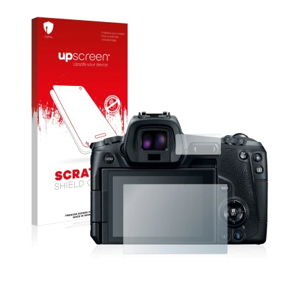 Face avant d’un emballage produit avec le logo de la marque upscreen. À côté, l’appareil Canon EOS R est représenté avec la pr
