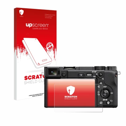 Face avant d’un emballage produit avec le logo de la marque upscreen. À côté, l’appareil Sony Alpha 6400 est représenté avec l