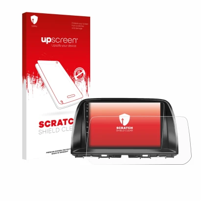 Face avant d’un emballage produit avec le logo de la marque upscreen. À côté, l’appareil Mazda CX-5 2017 Infotainment System e