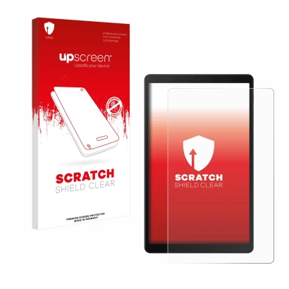 Face avant d’un emballage produit avec le logo de la marque upscreen. À côté, l’appareil Samsung Galaxy Tab A 10.1 WiFi 2019 e