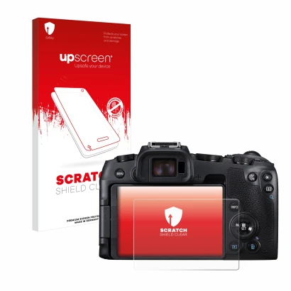 Face avant d’un emballage produit avec le logo de la marque upscreen. À côté, l’appareil Canon EOS RP est représenté avec la p