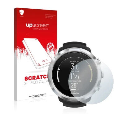 Face avant d’un emballage produit avec le logo de la marque upscreen. À côté, l’appareil Suunto D6 Support est représenté avec