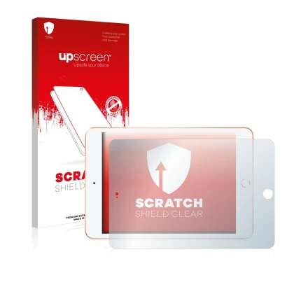 Face avant d’un emballage produit avec le logo de la marque upscreen. À côté, l’appareil Apple iPad Mini 5 2019 (en paysage, 5